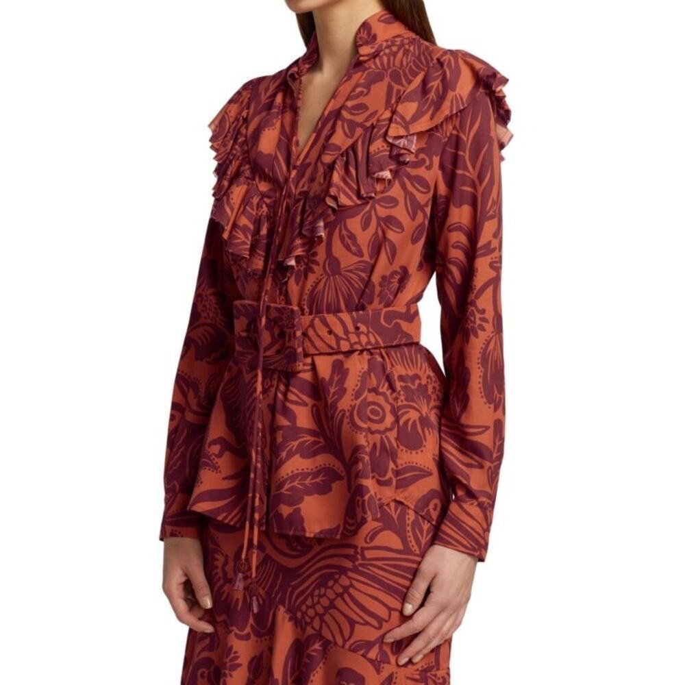 Johanna Ortiz Dreams Of Orient Ruffle Bib Blouse Red Orange Size 4 - Picture 9 of 16